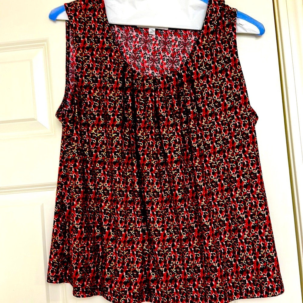 Jones Studio Red/Gold/Black Floral Tank Blouse XLP Lined  Bodice Soft Fabric EUC